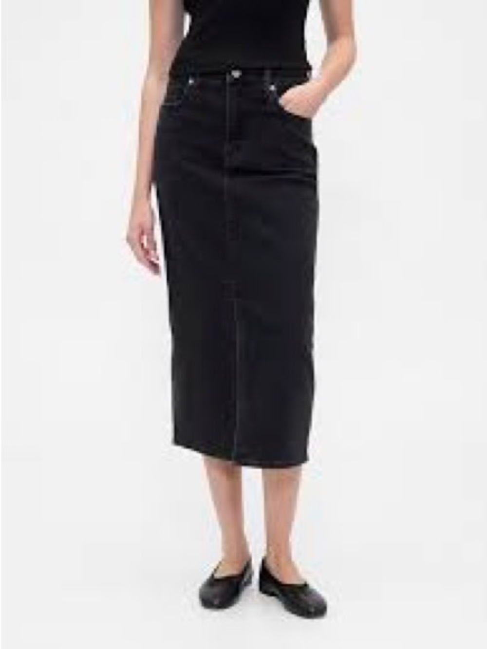 GAP Black Denim Midi Pencil Skirt Front Slit High Waist Size 4 / 27